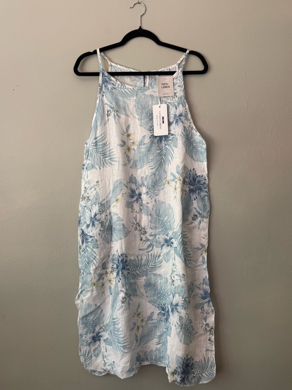 Light Blue Floral Linen Midi Dress - Sleeveless